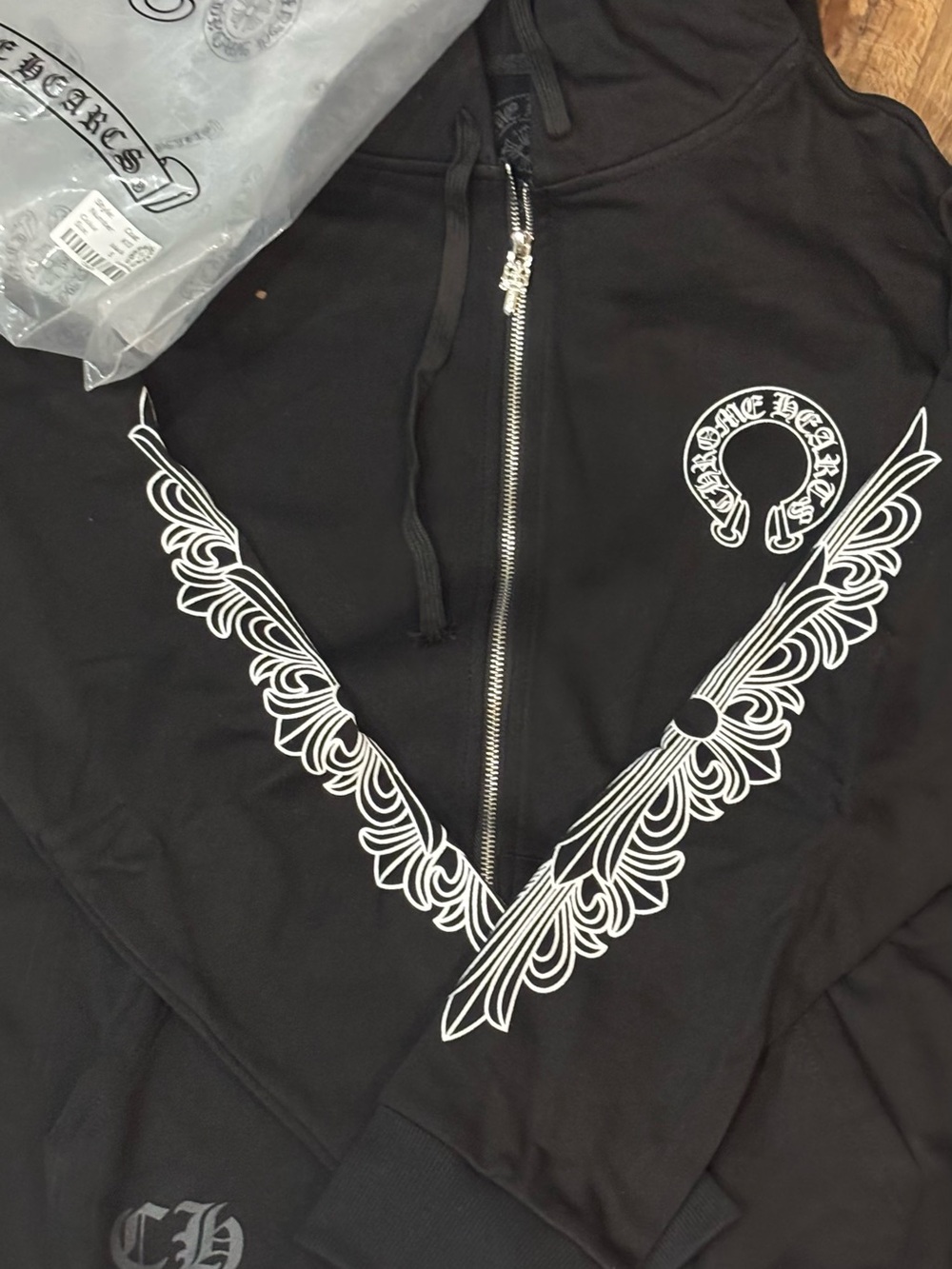 Chrome Hearts Black Zip-Up Bomber Jacket with White Wing Motif